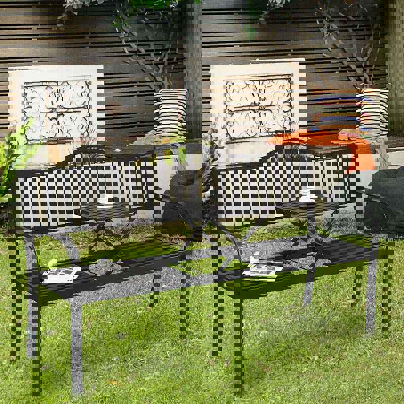 59.5 Large Outdoor Patio Metal Bench with Pullout Table, Weather-Resistant Garden Bench