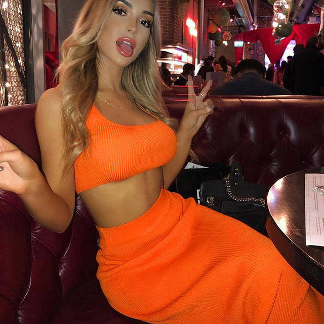 Dulzura Neon Ribbed Knitted Women Two Piece Matching Co Ord Set - Crop Top & Midi Skirt