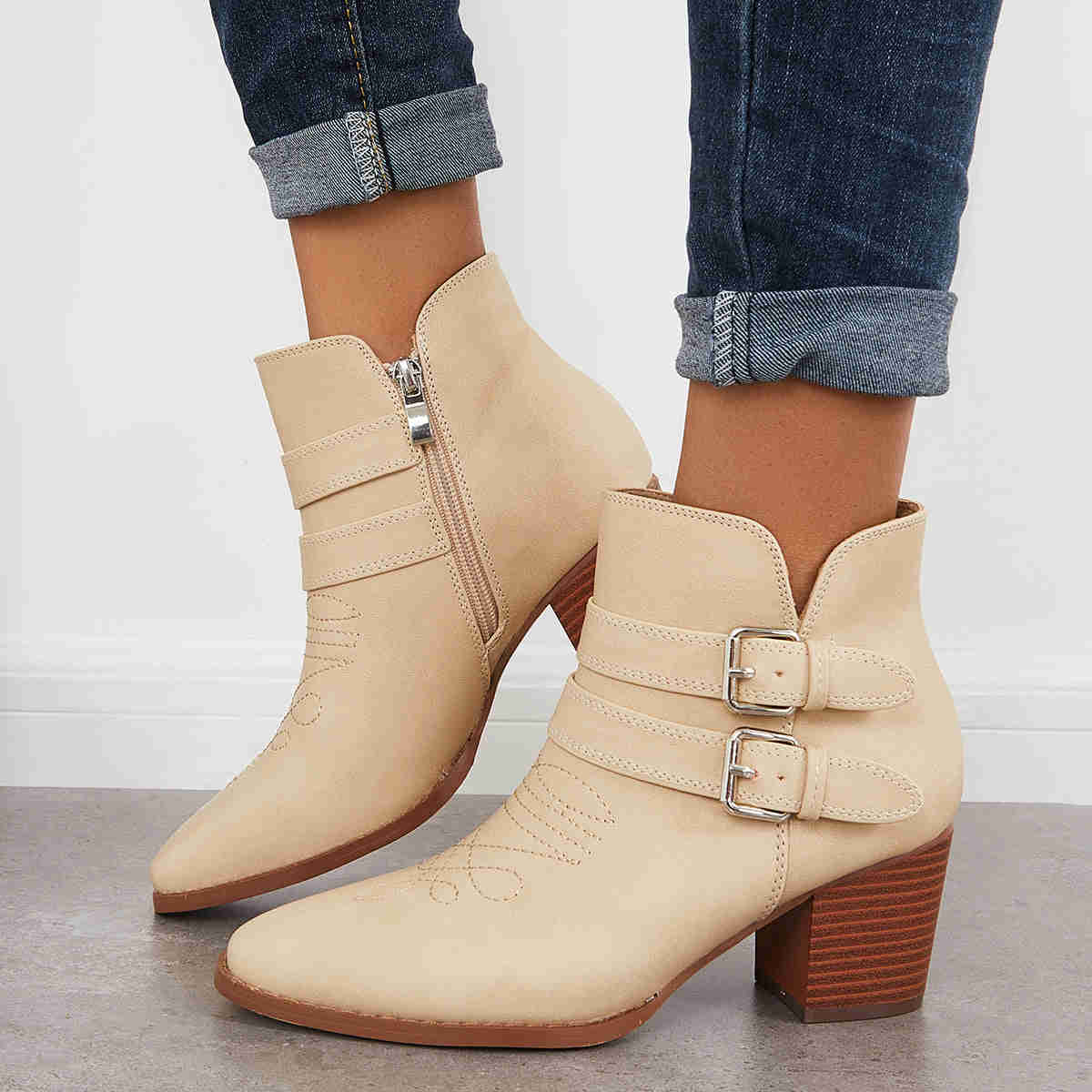 Cutout Buckle Straps Ankle Boots Chunky Block Heel Western Booties
