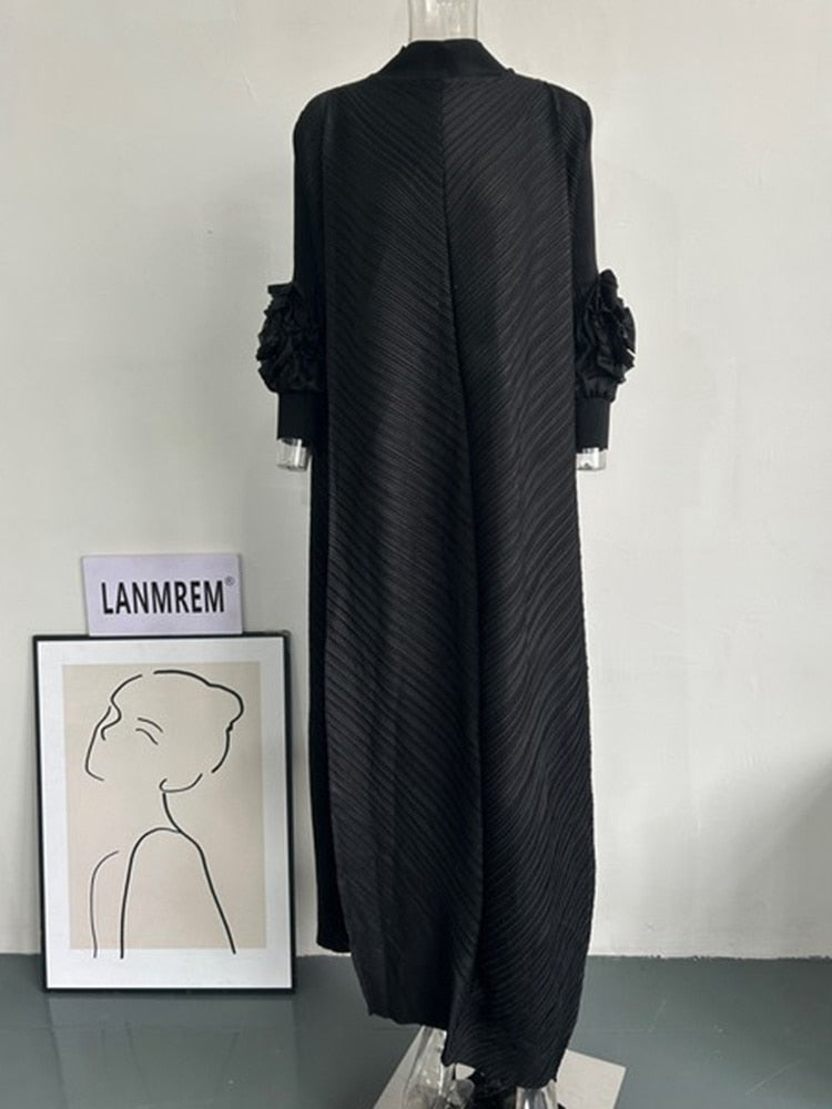Pleated Dress Round Neck Spliced Fungus Full Sleeve Dresses for Women