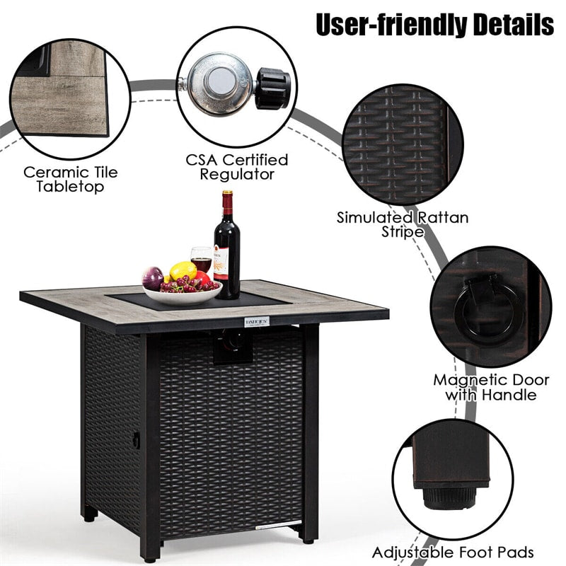 30 Square Outdoor Propane Fire Pit Table with 50,000 BTU and Waterproof Cover