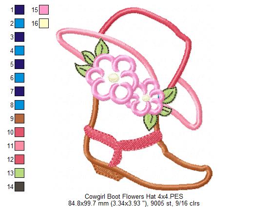 Cowgirl Boot, Hat and Flowers Applique Embroidery Design
