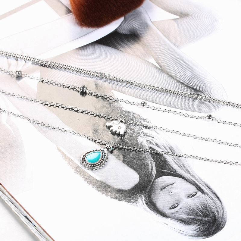 Boho Long Charm Necklace for Women - Multilayer Sequins with Baby Elephant and Moon Pendant