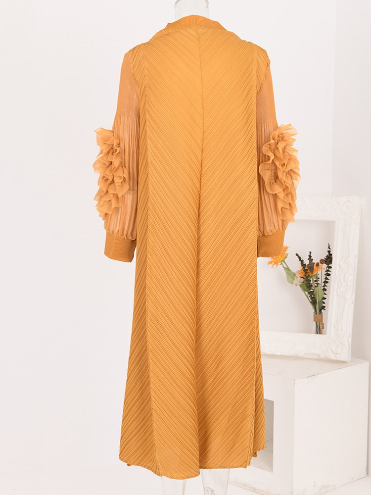 Pleated Dress Round Neck Spliced Fungus Full Sleeve Dresses for Women