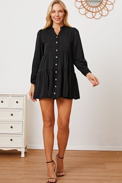 Ruffled Button Up Long Sleeve Tiered Shirt in Black