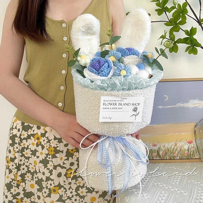 Graduation Flower Bouquet Rabbit Kawaii Doll Cute Crochet Flower Bouquet for Valentines Day Gift Wedding Party Decor