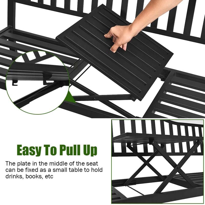 59.5 Large Outdoor Patio Metal Bench with Pullout Table, Weather-Resistant Garden Bench