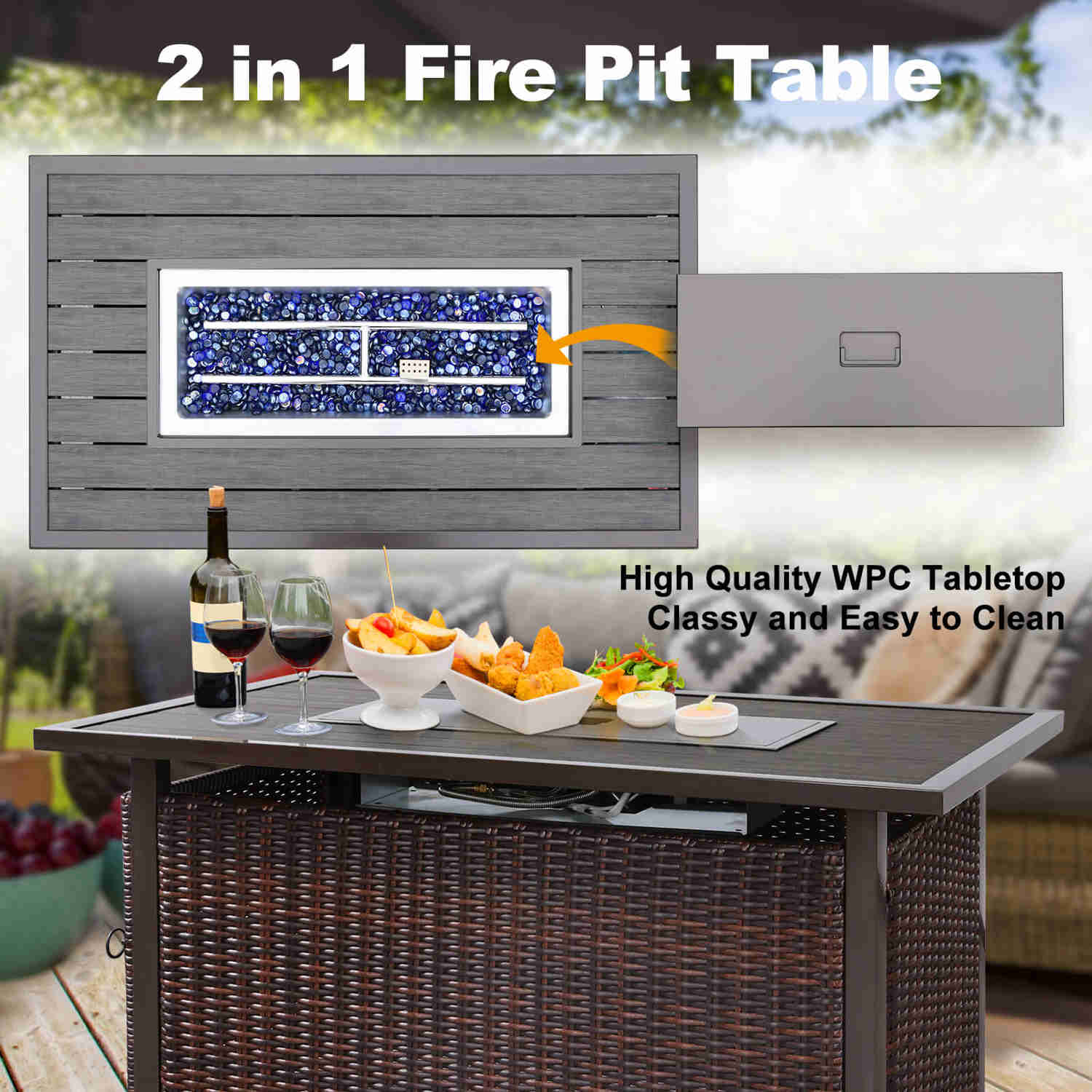 48 Propane Gas Fire Pit Table with Auto-Ignition, 50000 BTU, Wood Tabletop, Waterproof Cover & Glass Beads