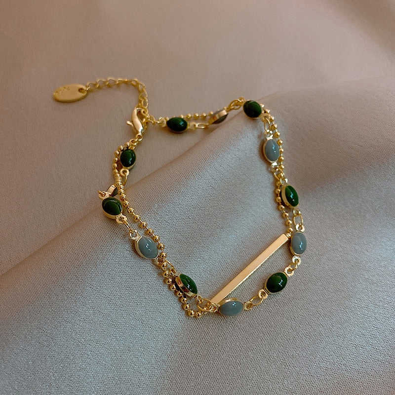 Exquisite Dark Green Beads Double-Layer Bracelet for Women