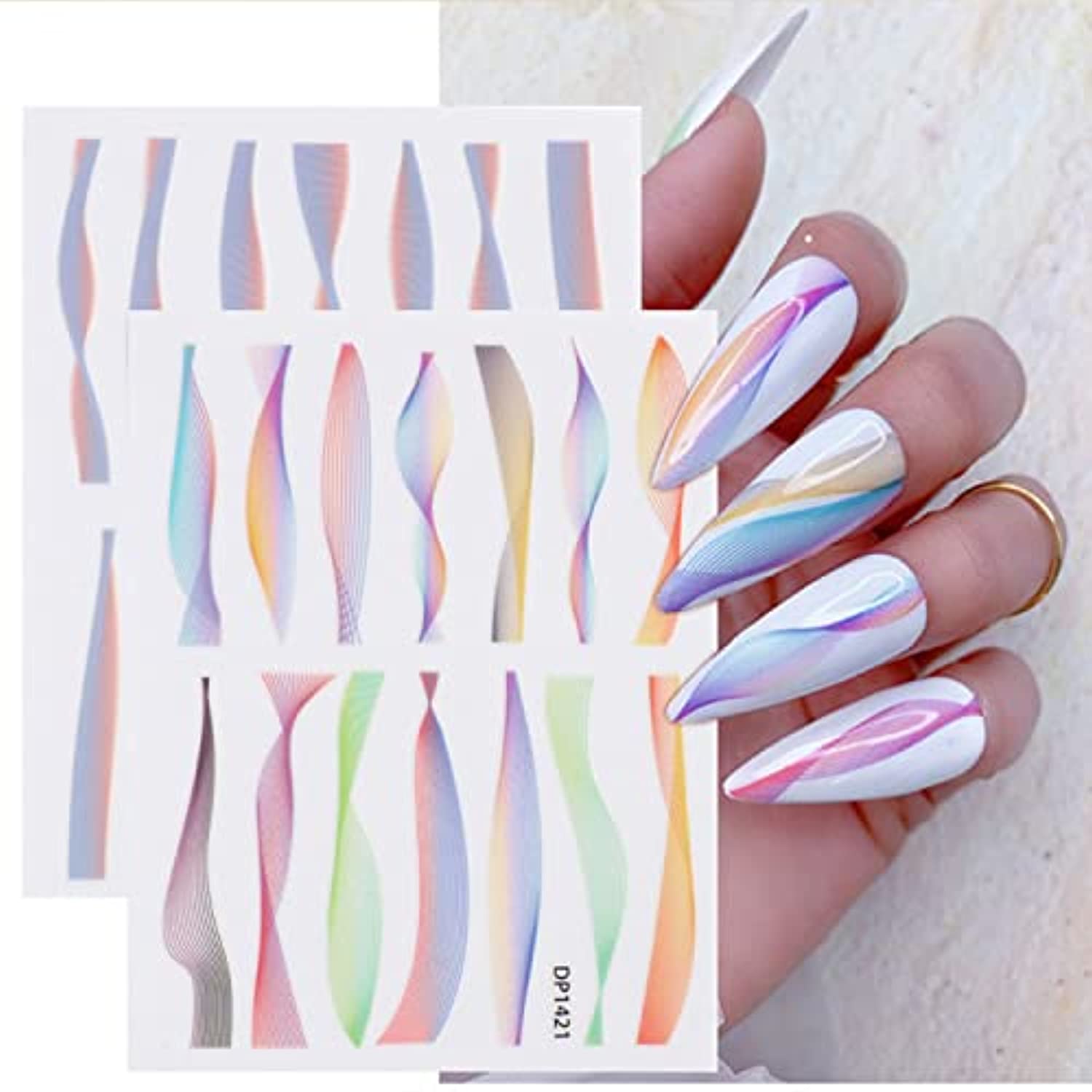 12 Sheets Colorful Wavy Lines Nail Art Stickers DIY Decoration Kit for Women and Girls