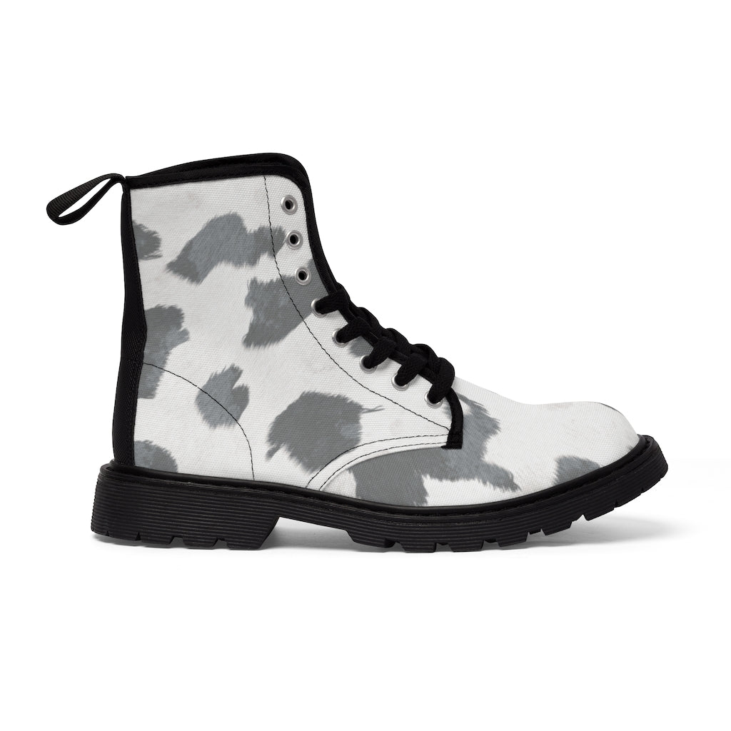 Grey Cow Print Canvas Boots for Women