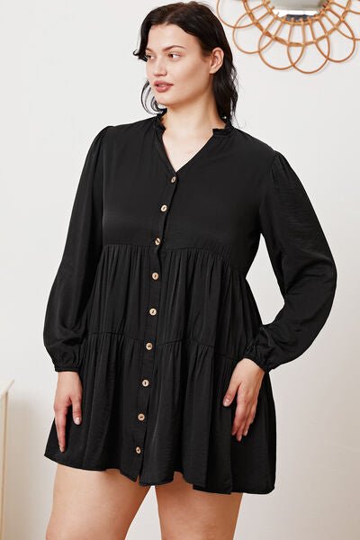 Ruffled Button Up Long Sleeve Tiered Shirt in Black