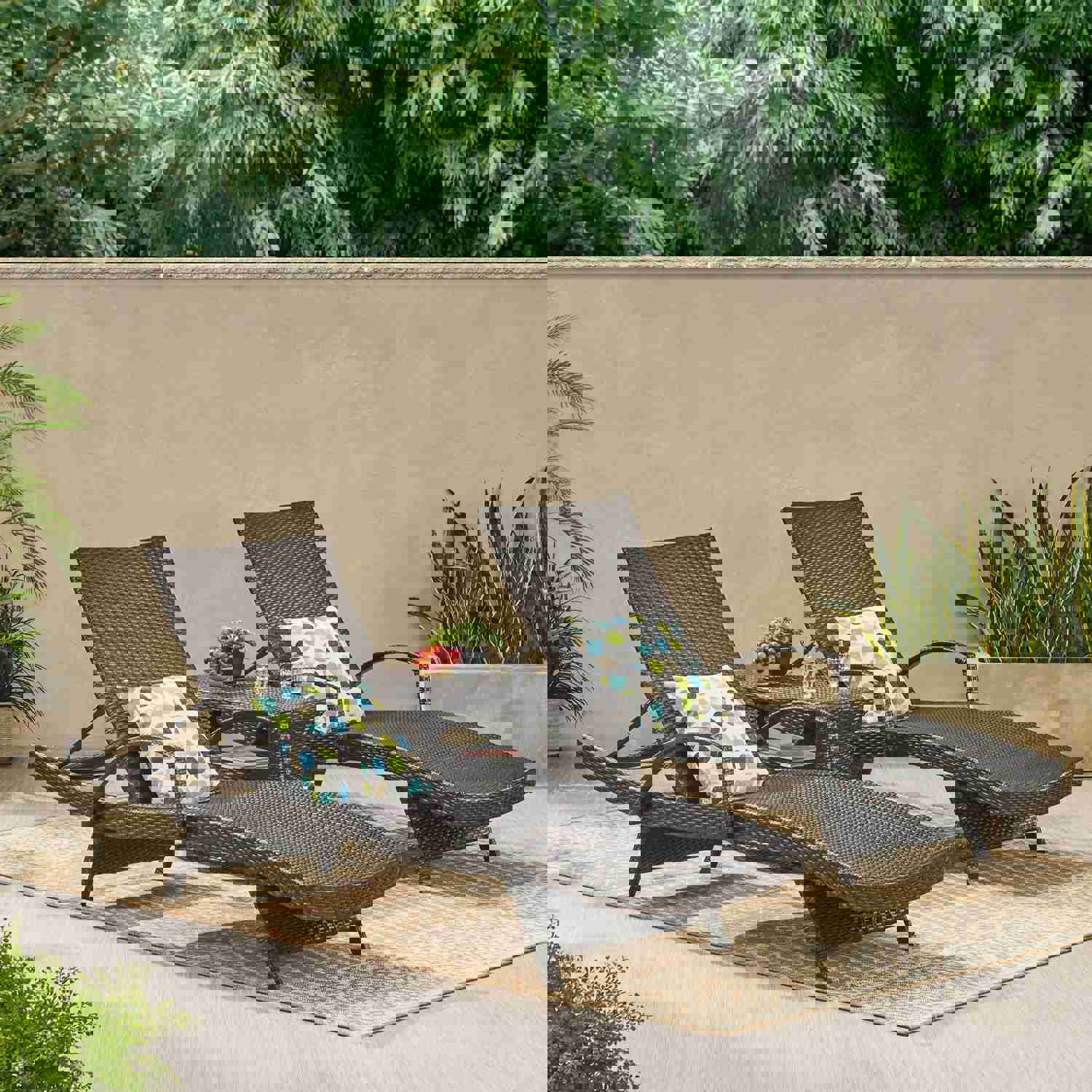 Lakeport Outdoor 3 Piece Multibrown Wicker Chaise Lounge Set with Table