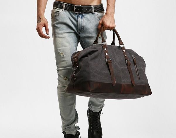 Gray Mens Leather Canvas Large Weekender Bag Canvas Travel Bag for Men