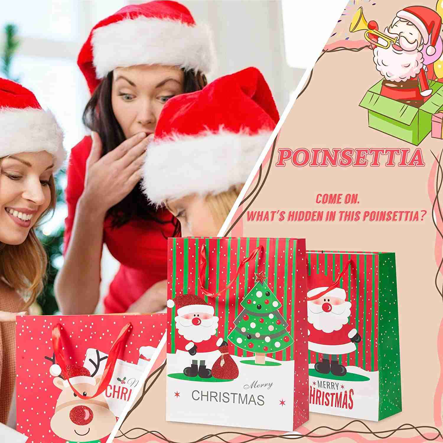 Christmas Paper Gift Bags Bulk Assortment - 1 Dozen Holiday Themed Gift Bags with Handles (3 Sizes, 4 Patterns)