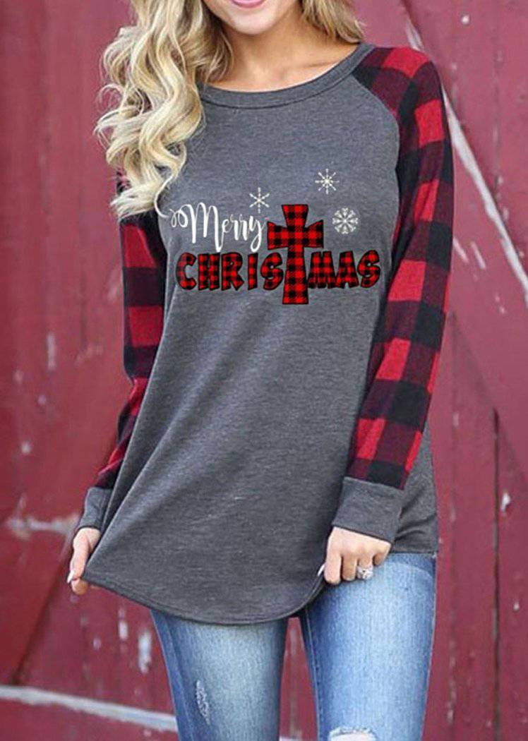 Fashion Grid Letters Printing Red Plaid Long Sleeve Round Neck Pullover Tops for Women