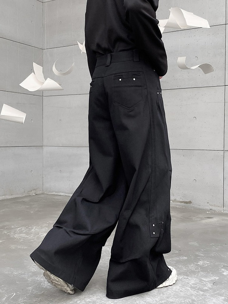 Men's Darkwear Pleats Loose Wide Leg Trousers - Trendy Solid Color Japanese Style Pants