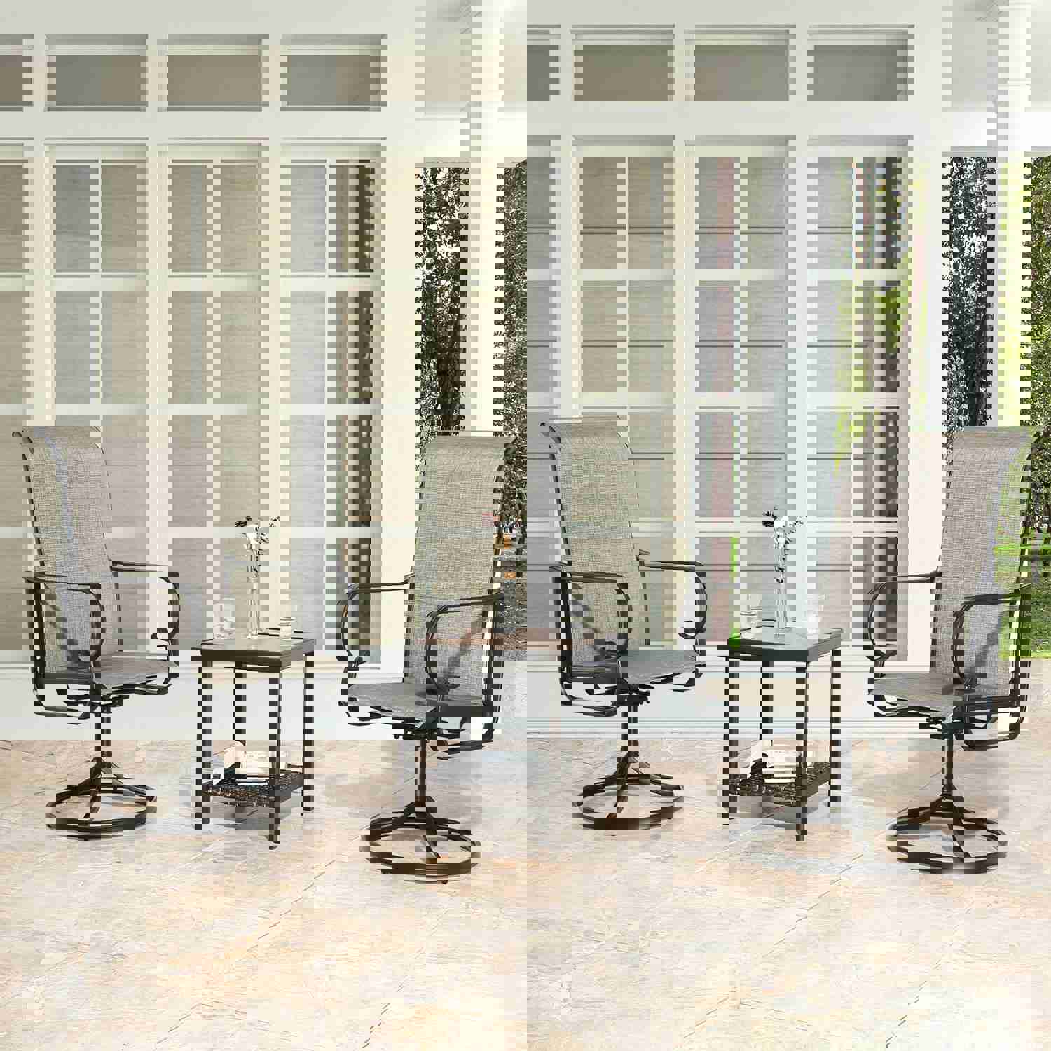 3-Piece Outdoor/Indoor Patio Conversation Set with Wooden-Like Side Table and Swivel Chairs