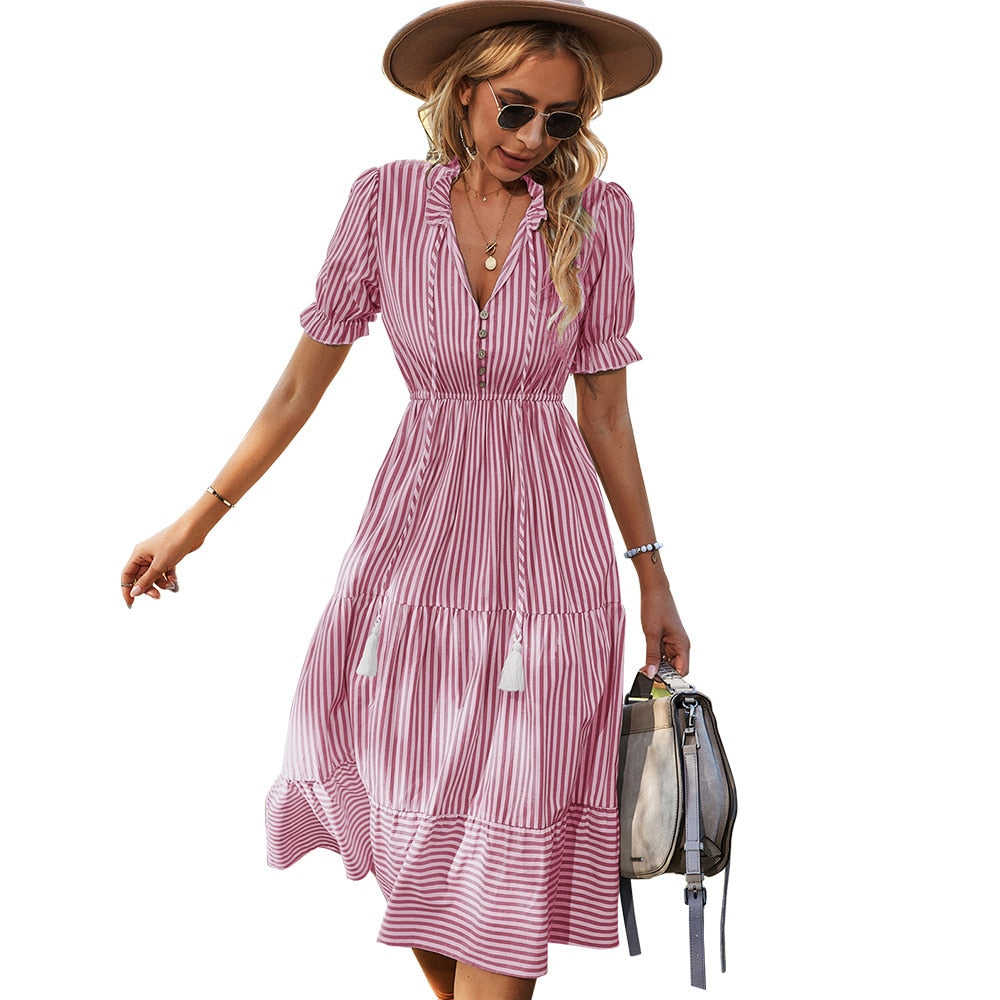 Fashion Striped Dress for Women - Casual Summer V-Neck Knee-Length Cotton Dress