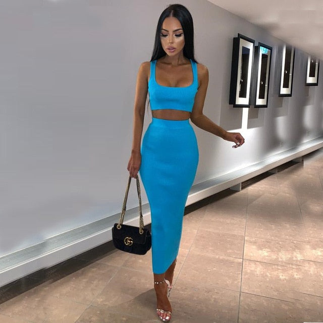 Dulzura Neon Ribbed Knitted Women Two Piece Matching Co Ord Set - Crop Top & Midi Skirt