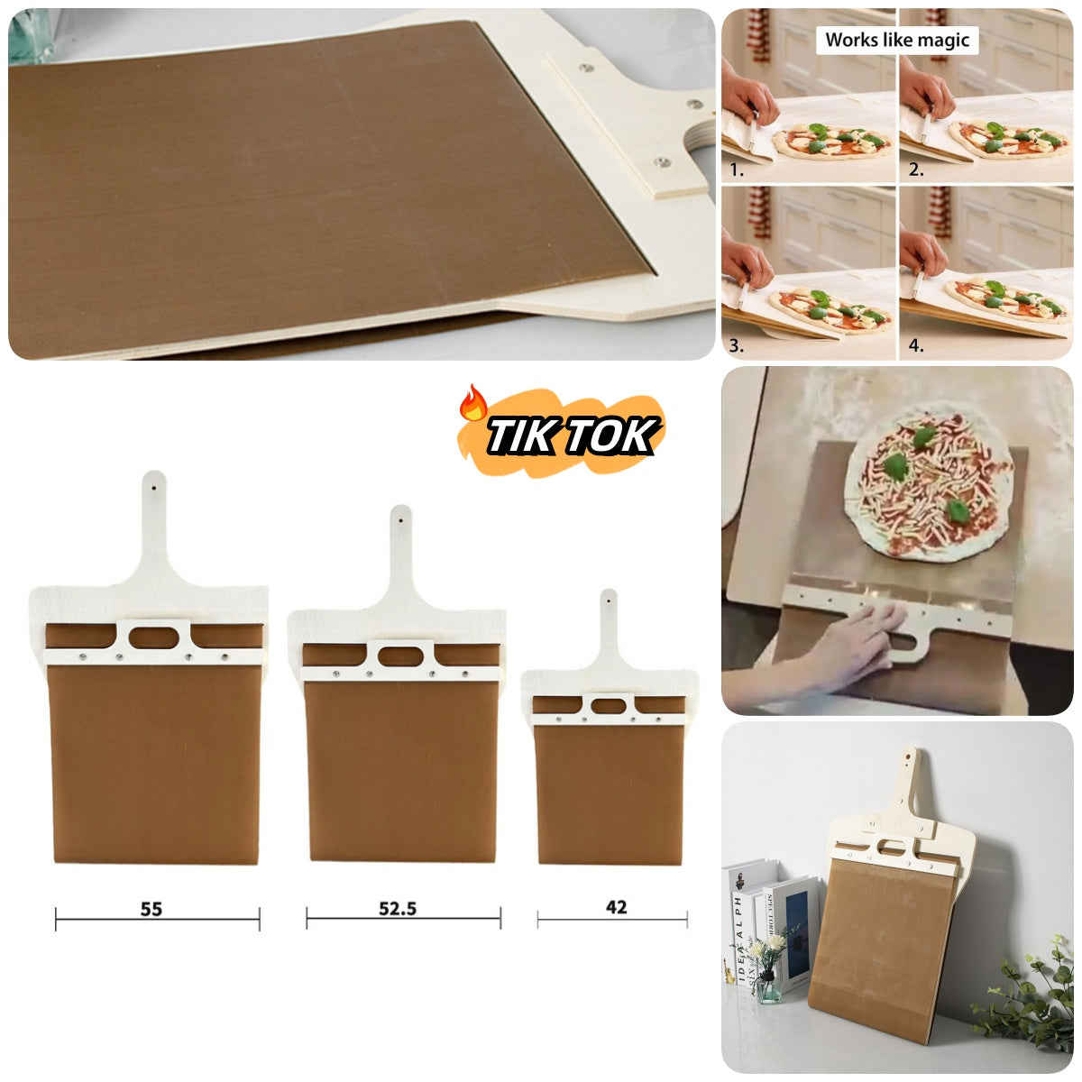 3 Sizes Sliding Pizza Peel Shovel with Wooden Handle for Kitchen Use
