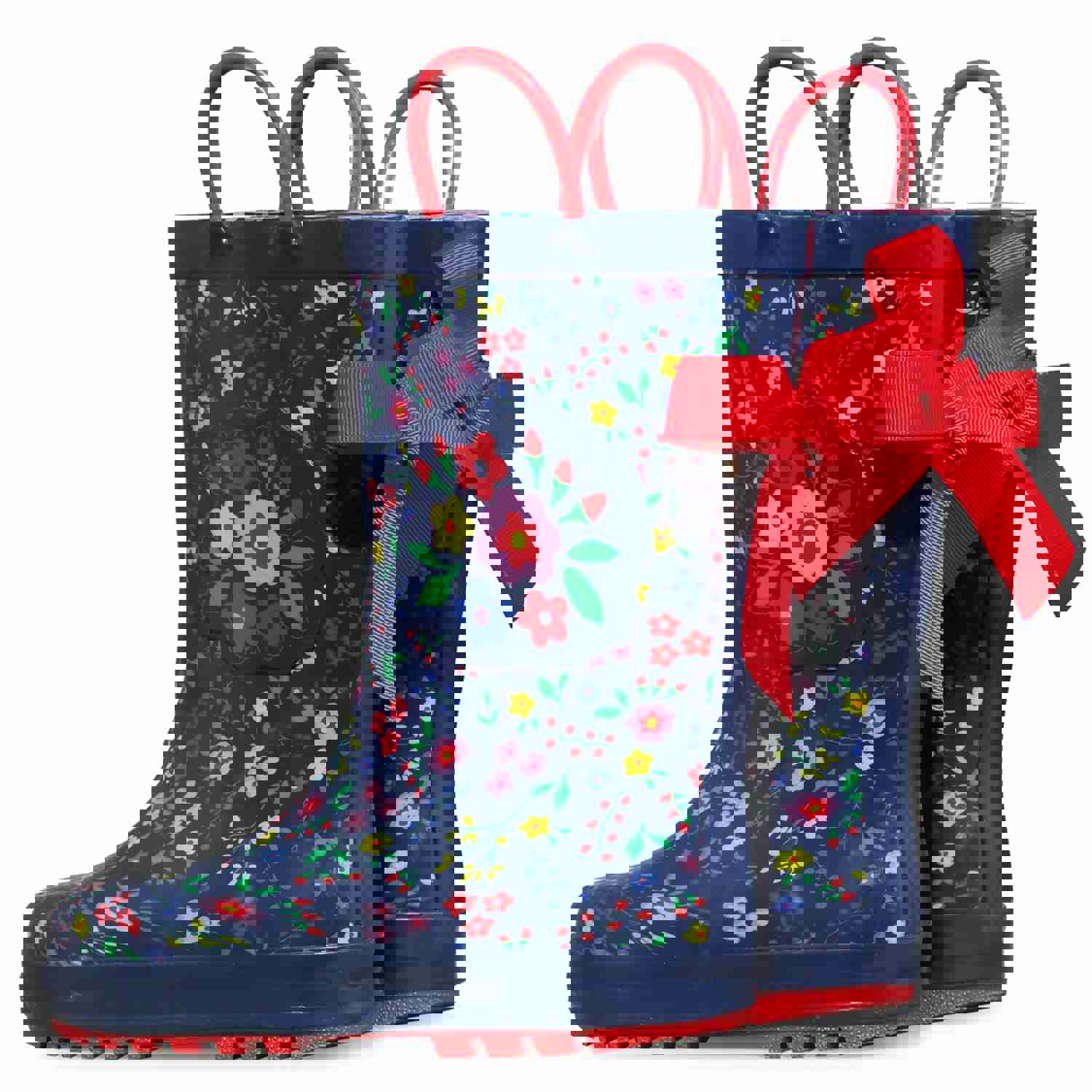 Floral Print 3D Bow Navy Kids Rain Boots