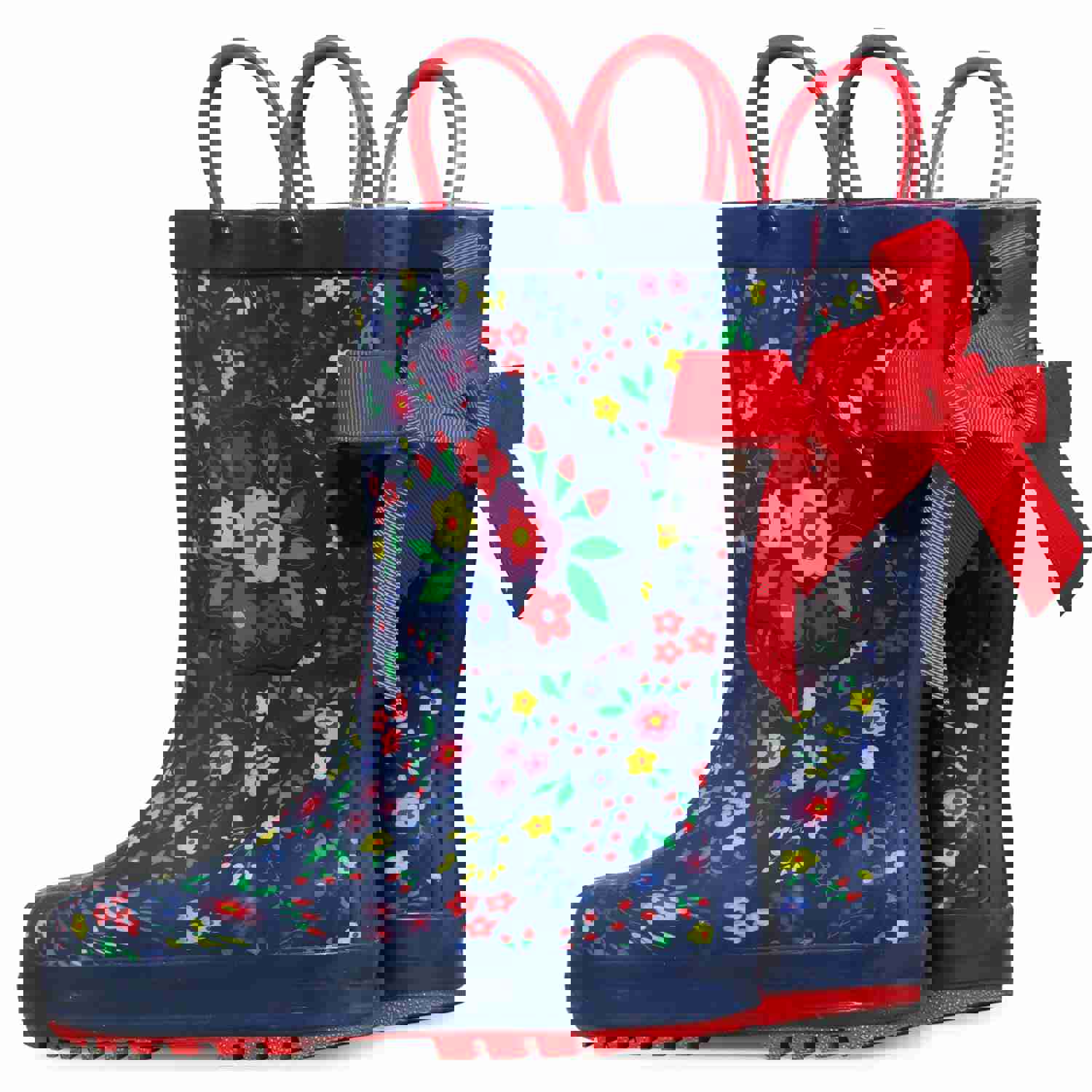 Floral Print 3D Bow Navy Kids Rain Boots