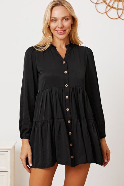 Ruffled Button Up Long Sleeve Tiered Shirt in Black
