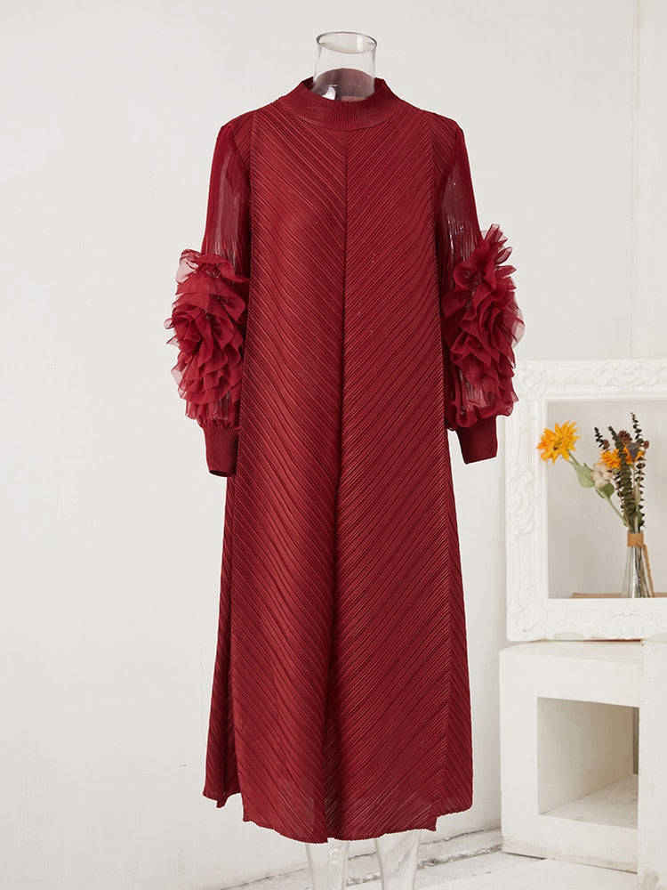 Pleated Dress Round Neck Spliced Fungus Full Sleeve Dresses for Women