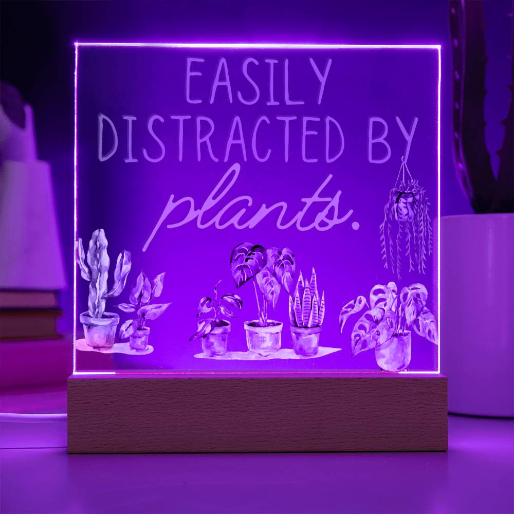 Distracted By Plants - Funny Plant Acrylic with LED Night Light - Indoor Home Garden Decor - Perfect Gift for Plant Lovers