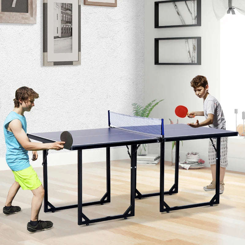 Soozier 72 Compact Folding Multi-Use Indoor/Outdoor Table Tennis Table with Net and Post Set, Blue