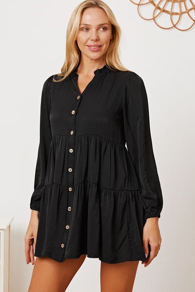 Ruffled Button Up Long Sleeve Tiered Shirt in Black