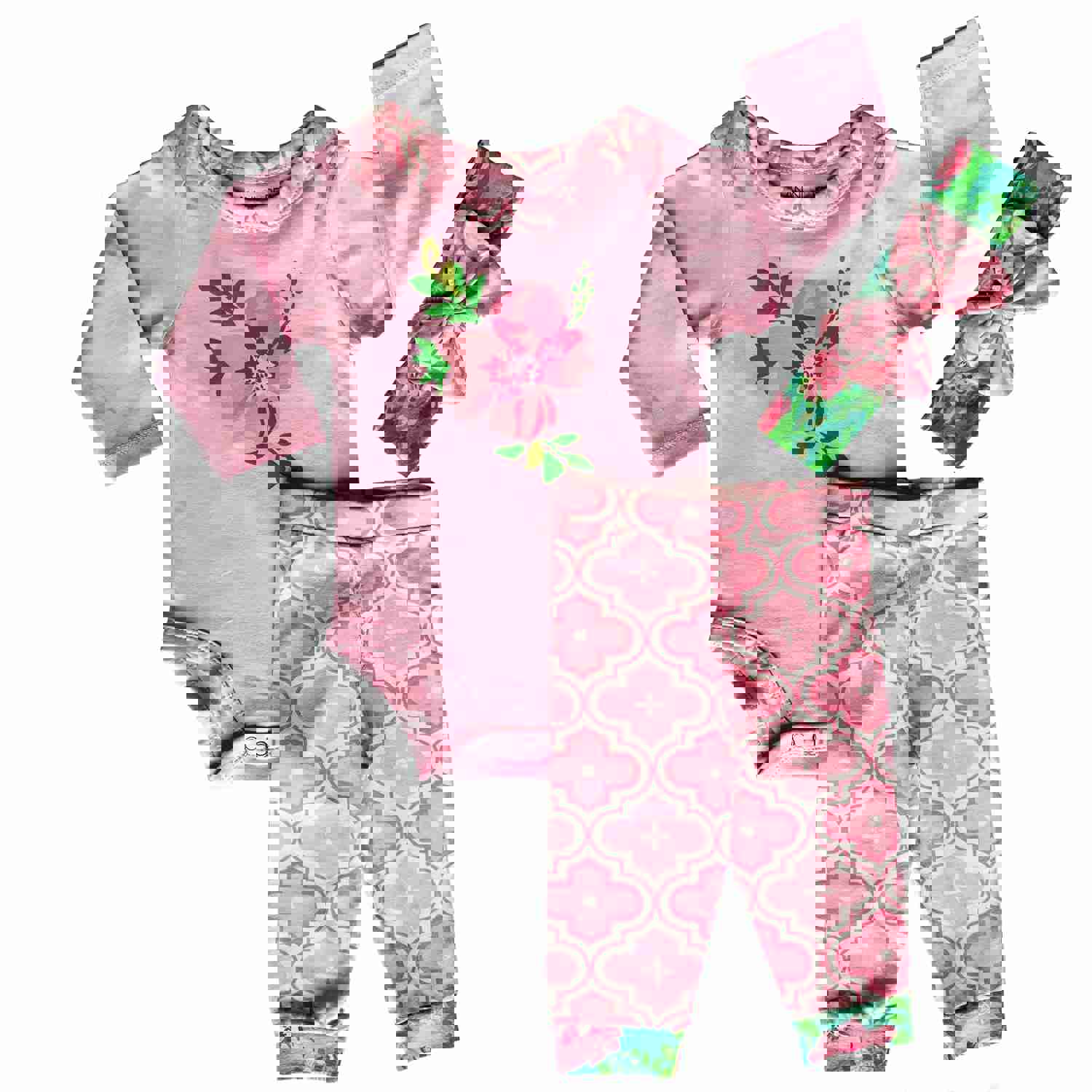 AnnLoren Baby Girls Layette Pink Arabesque Floral Onesie Pants Headband 3pc Gift Set