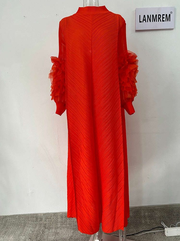 Pleated Dress Round Neck Spliced Fungus Full Sleeve Dresses for Women