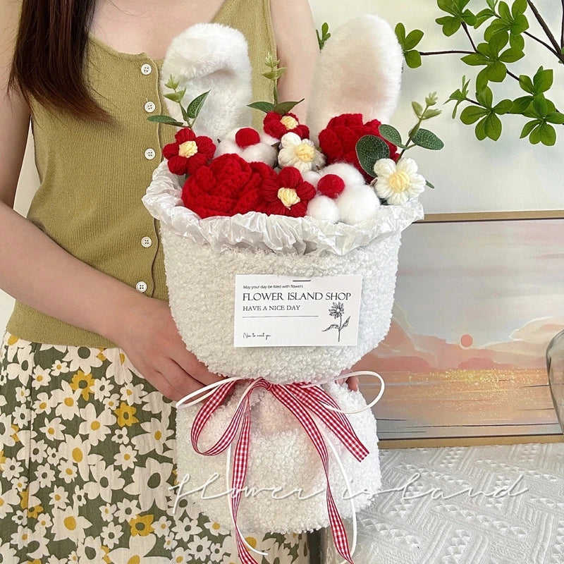 Graduation Flower Bouquet Rabbit Kawaii Doll Cute Crochet Flower Bouquet for Valentines Day Gift Wedding Party Decor