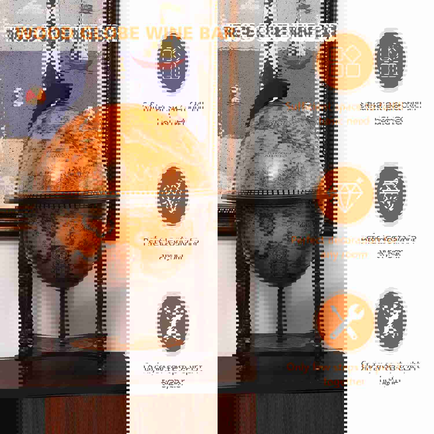 Tabletop 13 Globe Wine Bar Stand with 16th Century Italian Nautical Chart Design