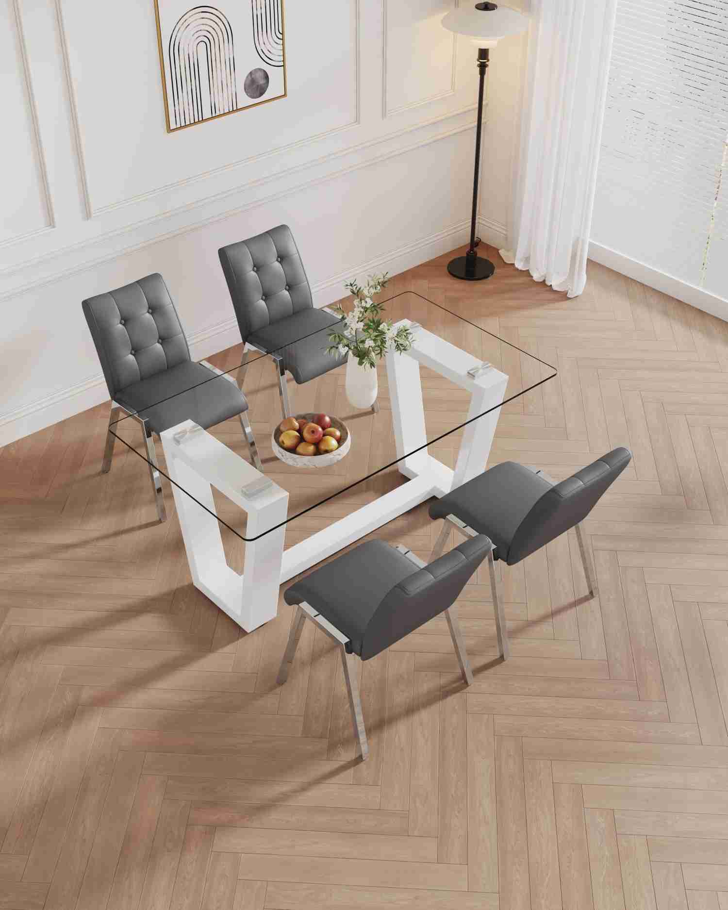 Modern Glass Dining Table Set with 4 Lattice High Back Chairs