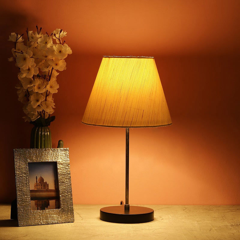BTR CRAFTS Silver Rod With Black Wooden Base Table Lamp (Conical Lampshade)