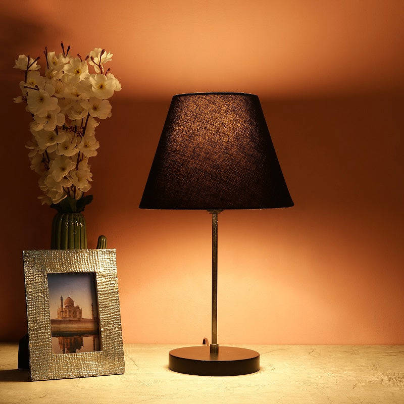 BTR CRAFTS Silver Rod With Black Wooden Base Table Lamp (Conical Lampshade)