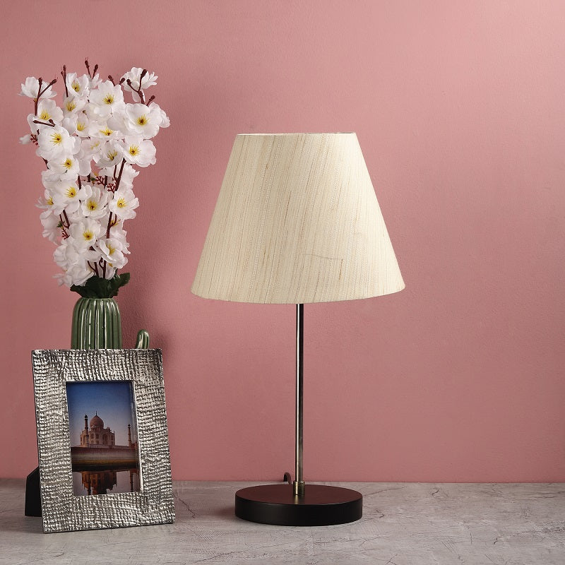 BTR CRAFTS Silver Rod With Black Wooden Base Table Lamp (Conical Lampshade)