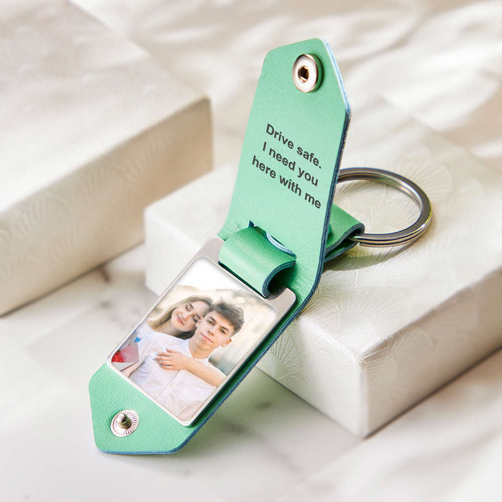 Custom Engraved Leather Photo Keychain - Personalized Anniversary & Gift Keychain