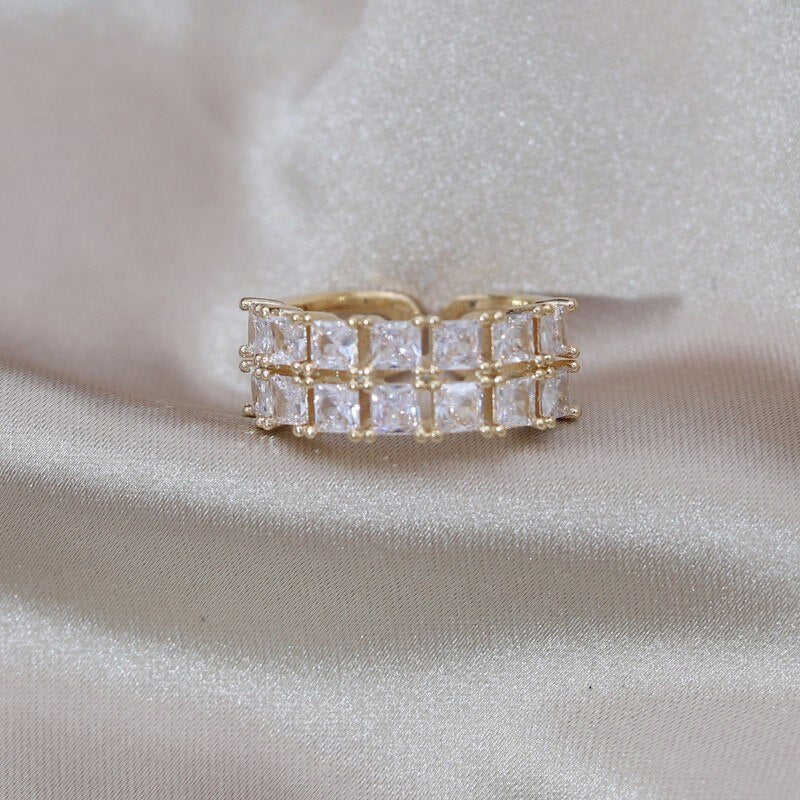 14K Gold Plated Double Layer Zircon Square Ring for Women