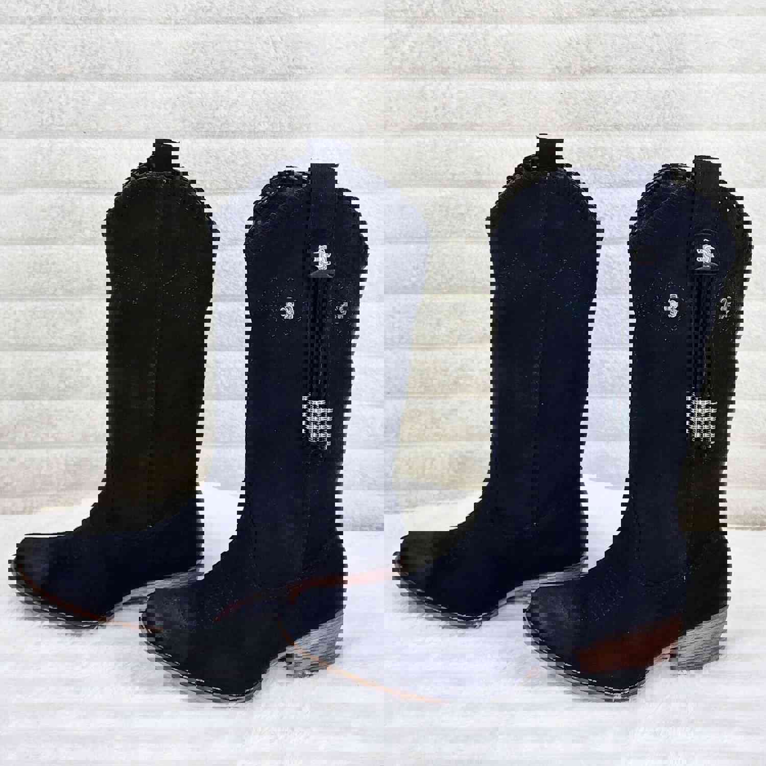 Prairie Girl Black Distressed Tassel Cowboy Cowgirl Pull On Mid Calf Boots