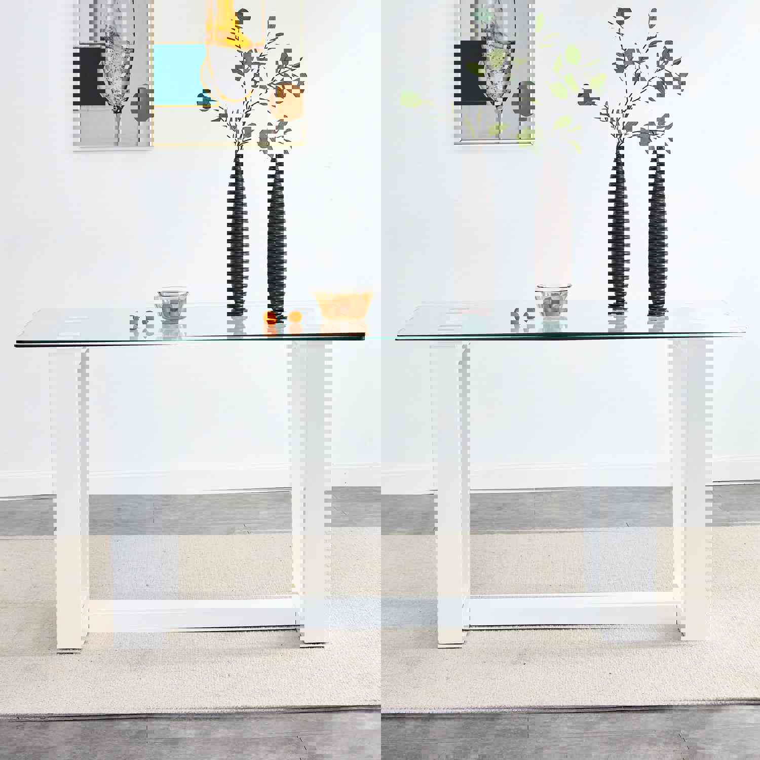 Modern Glass Dining Table Set with 4 Lattice High Back Chairs