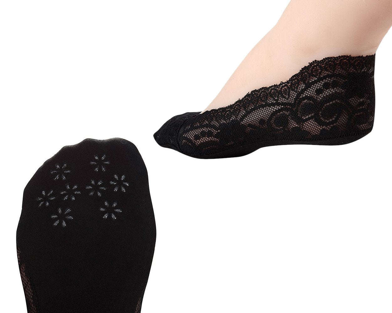 4 Pairs Women's Lace Non-Skid No Show Socks Set - Black and Beige