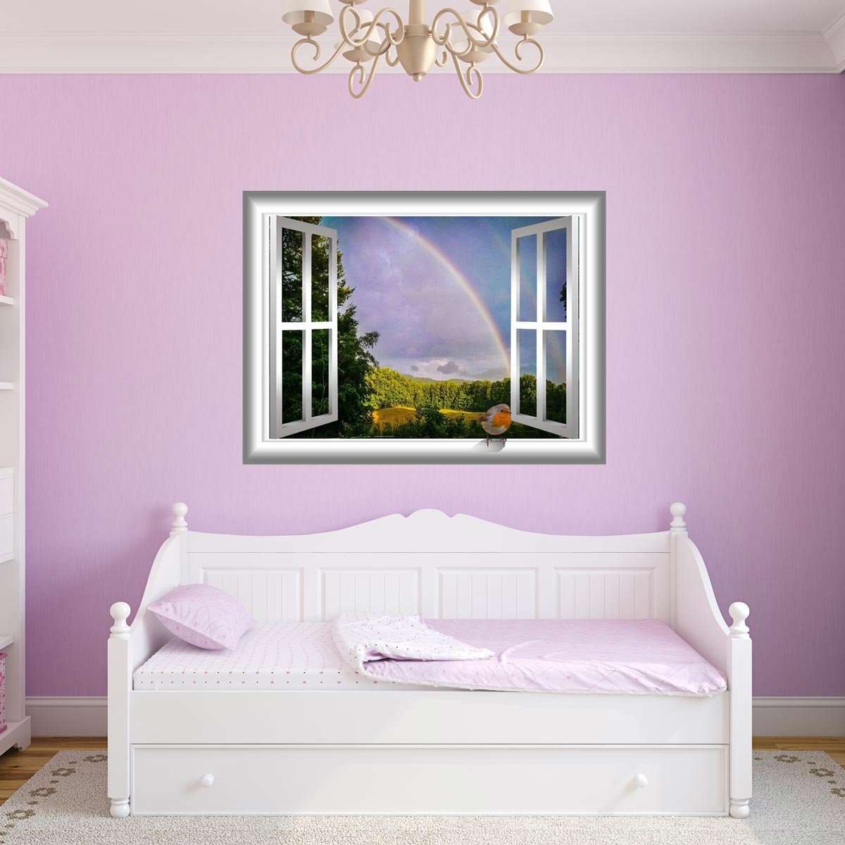 3D Robin Bird Window Peel and Stick Vinyl Wall Decal - Vibrant Rainbow View