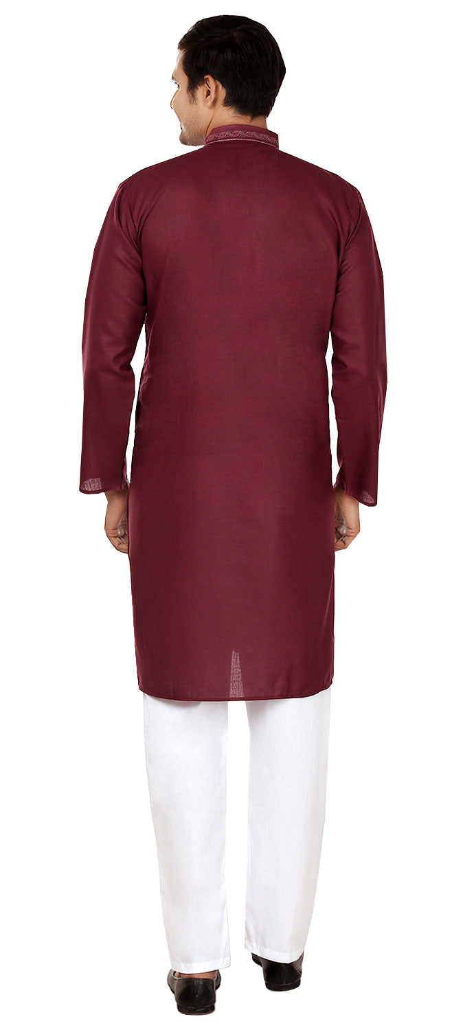 Men's Embroidered Silk Cotton Kurta Pajama - Traditional Indian Attire (Maroon)
