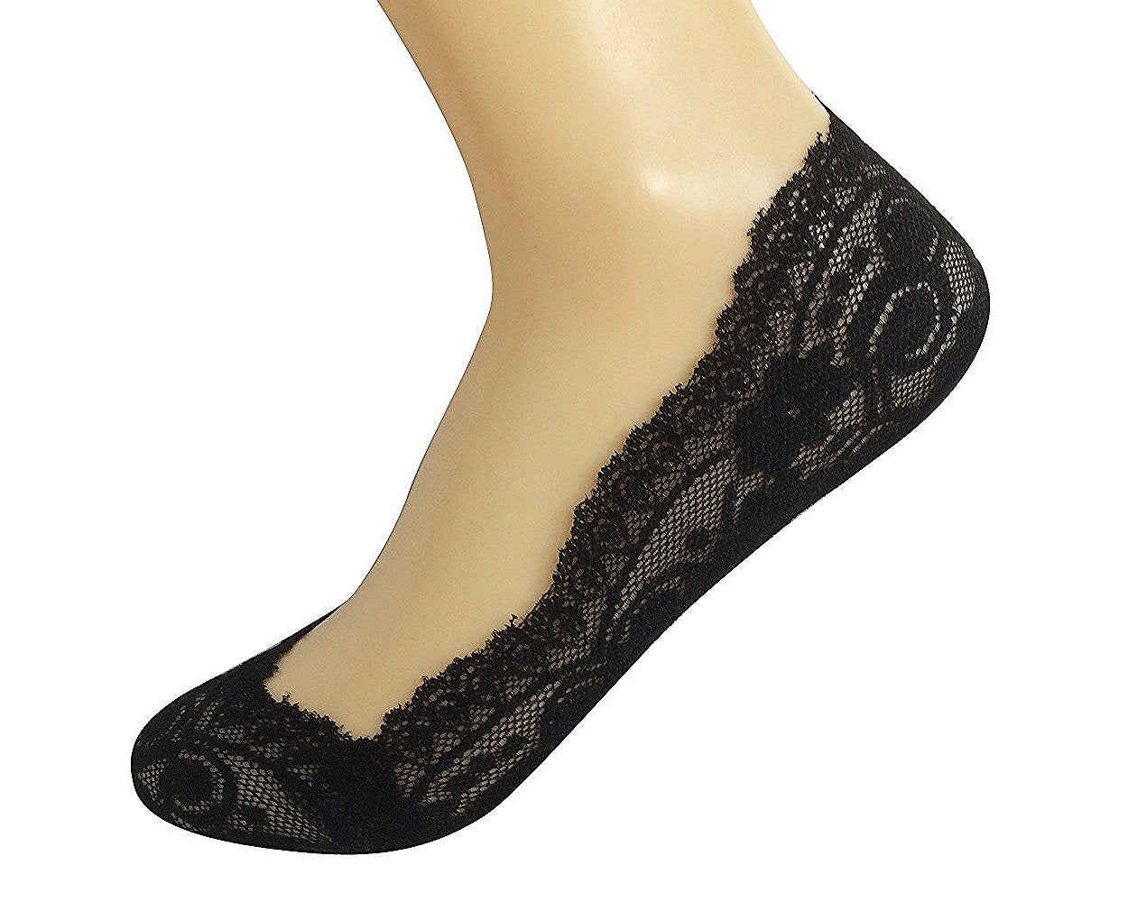 4 Pairs Women's Lace Non-Skid No Show Socks Set - Black and Beige
