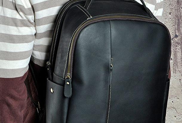 Genuine Leather Men's Cool Black Backpack for School, Travel, and Hiking