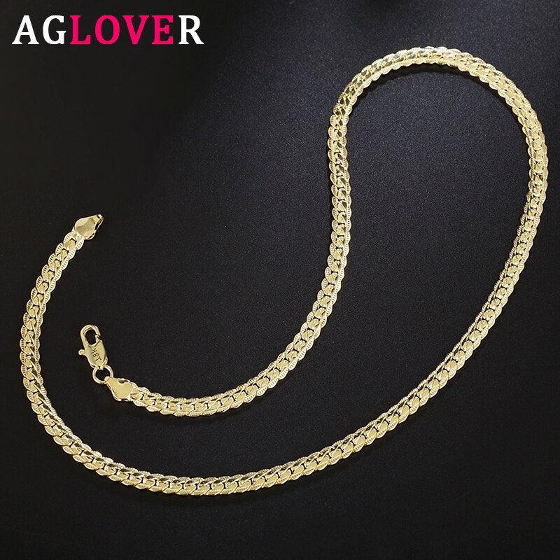 AGLOVER 925 Sterling Silver 20 Inch 18k Gold 6mm Full Sideways Chain Necklace For Women & Men